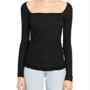 Theory Open Neck Shirred Wool Blend Sweater, Black, Size Medium